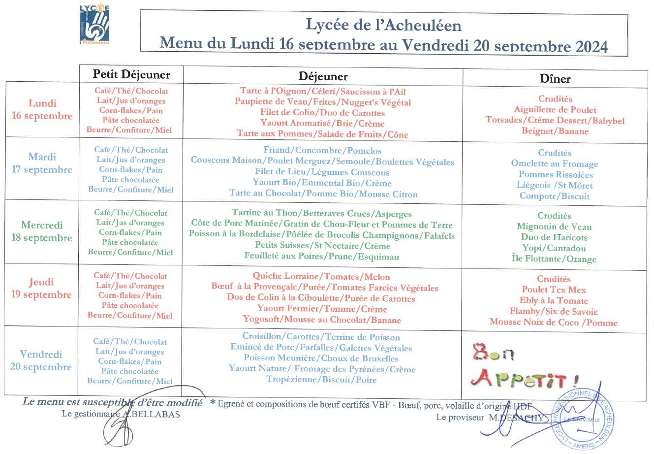 MENU DU LUNDI 16 SEPTEMBRE AU VENDREDI 20 SEPTEMBRE 2024