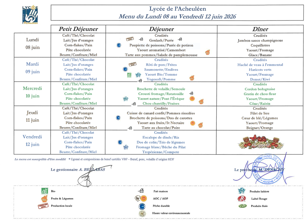 Menu du 8 juin au 12 juin 2026