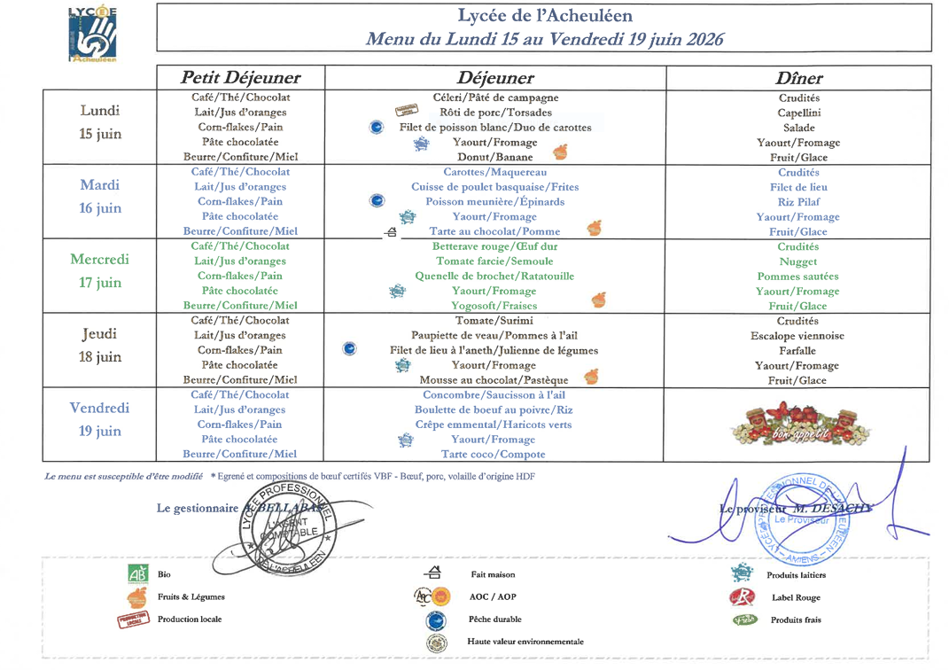 Menu du lundi 15 juin au vendredi 19 juin 2026