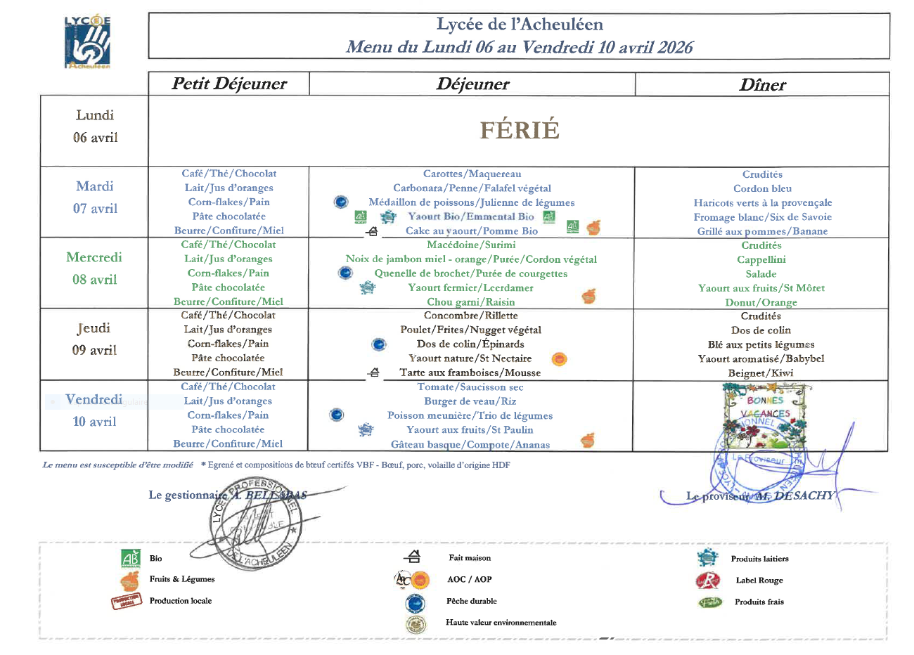 Menu du mardi 7 avril au vendredi 10 avril 2026