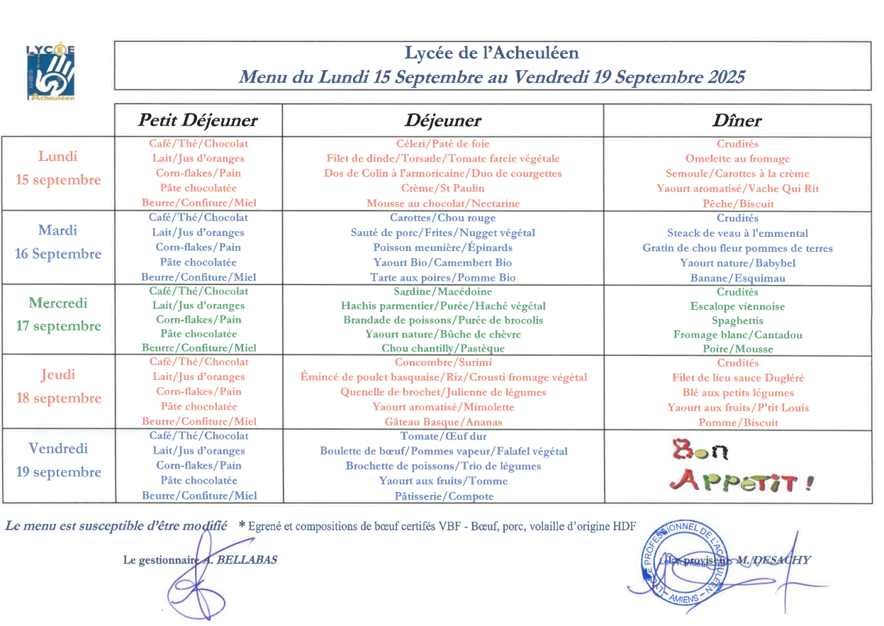 Menu du lundi 15 septembre 2025 au vendredi 19 septembre 2025