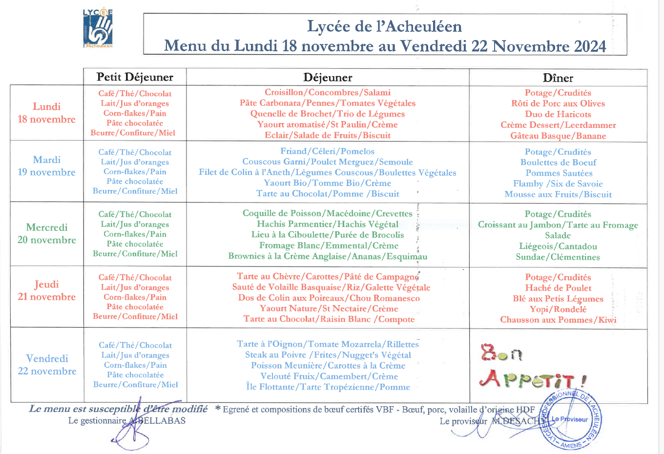 menu du 18 novembre au 22 novembre 2024