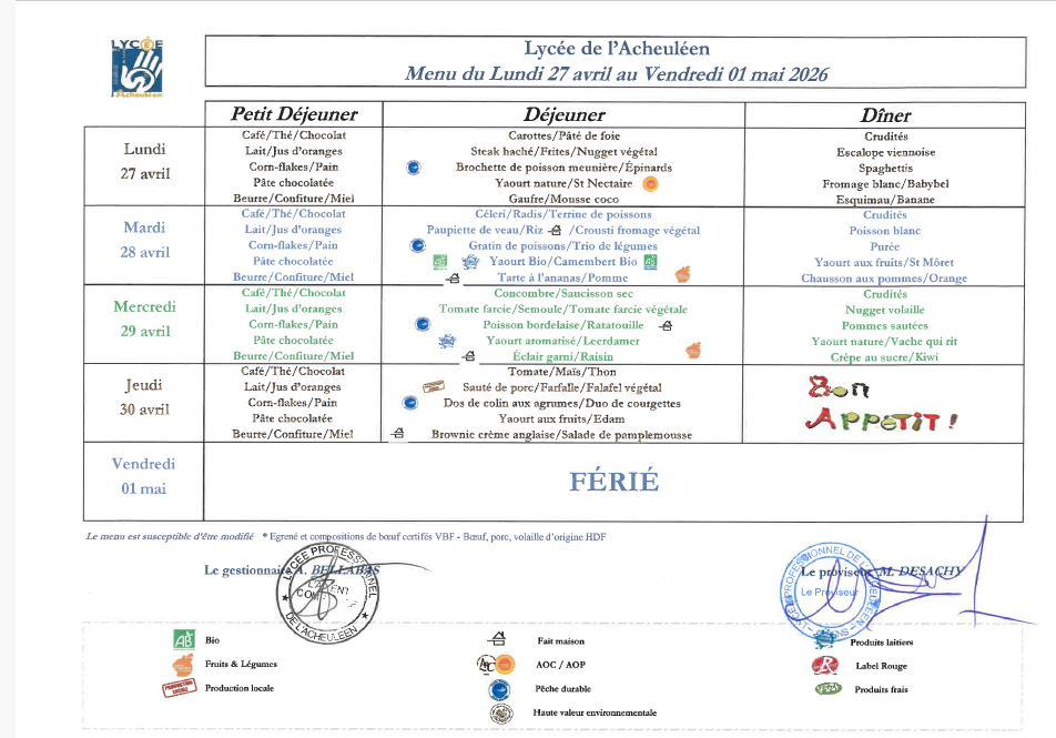 menu du lundi 27 avril au jeudi 30 avril 2026