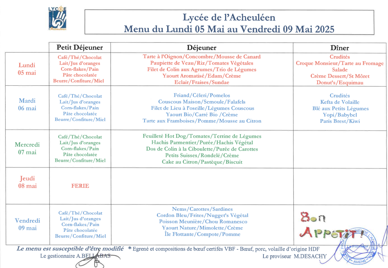 menu du lundi 5 mai au vendredi 9 mai 2025