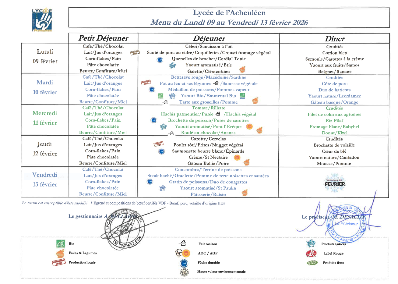 menu du lundi 9 février au vendredi 13 février 2026