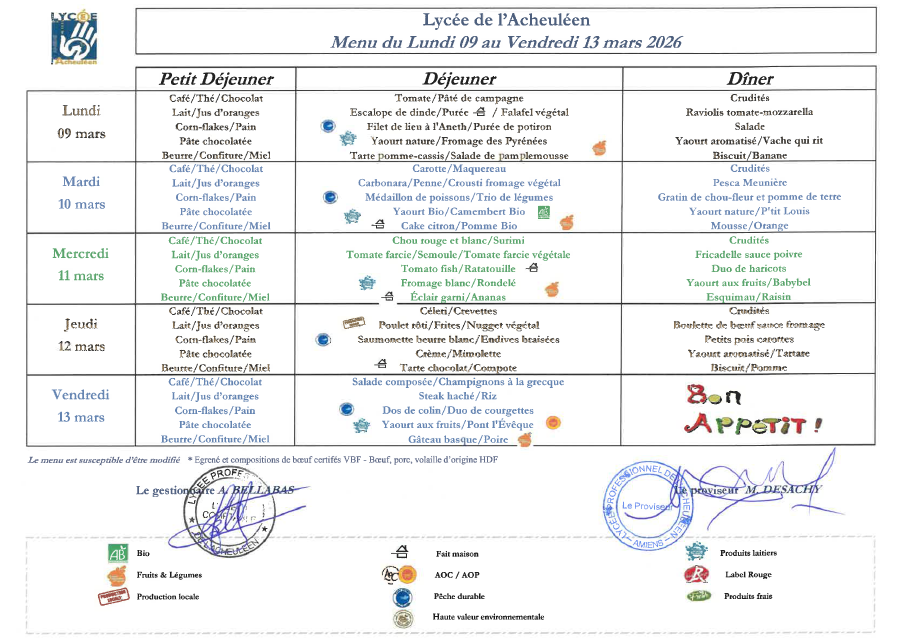 menu du lundi 9 mars au vendredi 13 mars 2026