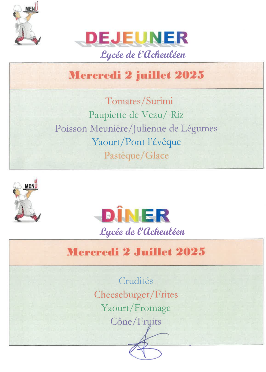 menu du mercredi 2 juillet